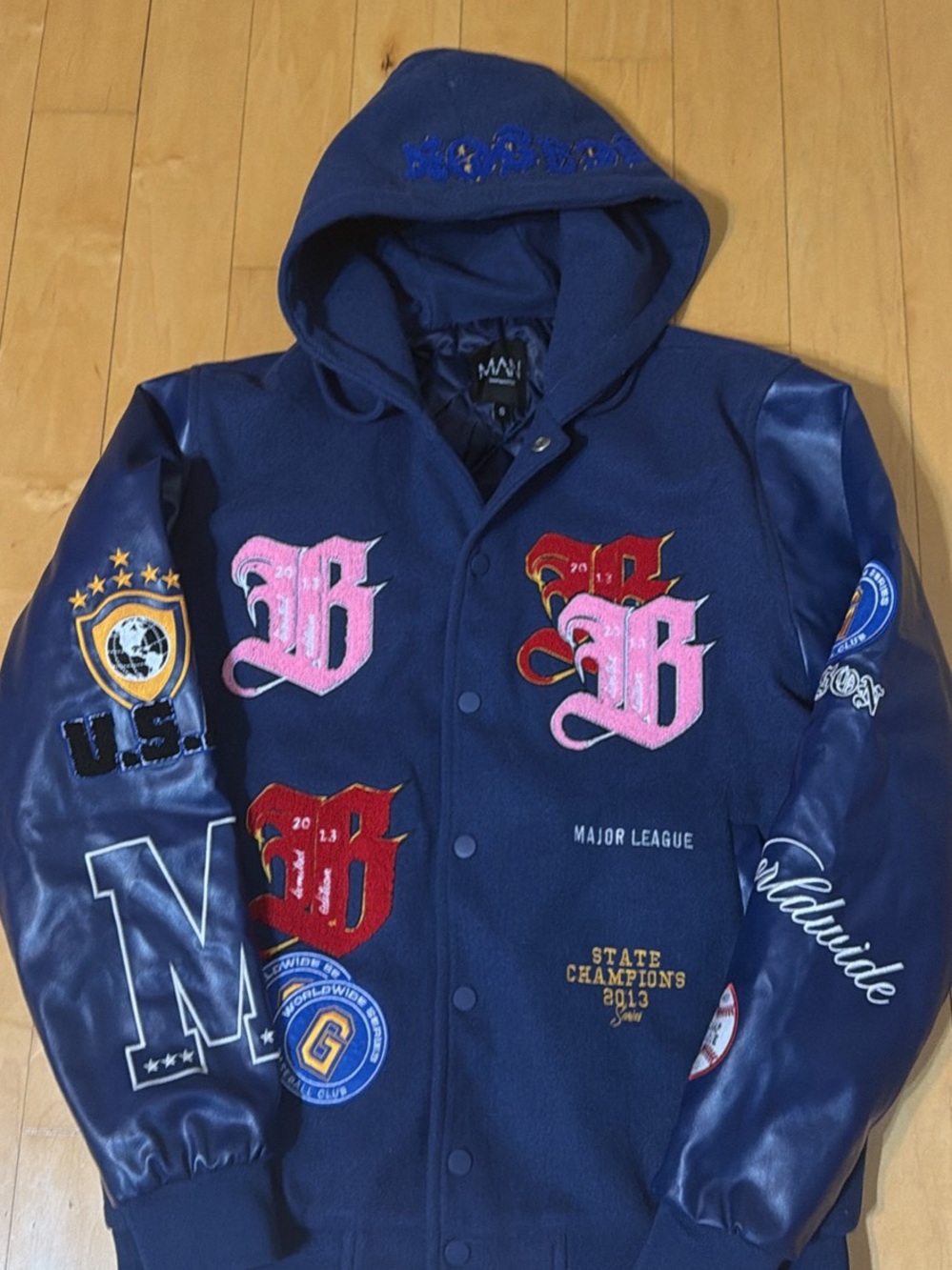 Boohoo Navy Blue Varsity Jacket with Pink Appliqués